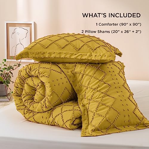 Image of Bedsure Queen Comforter Set - Mustard Yellow Comforter, Boho Tufted Distressed Vintage Bedding for Kids, 3 Pieces Farmhouse-Style Bed Set for All Seasons, Fluffy Soft Bedding with 2 Pillow Shams