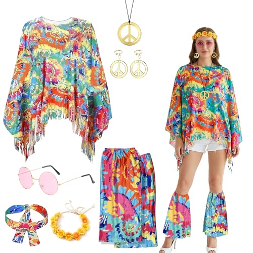 Efymosce Hippie Kostüm Damen, 60 er 70er Jahre Hippie Kleidung, Disco Outfit Hippie Accessoires für Fasching Karneval Disco Party Cosplay Mottoparty