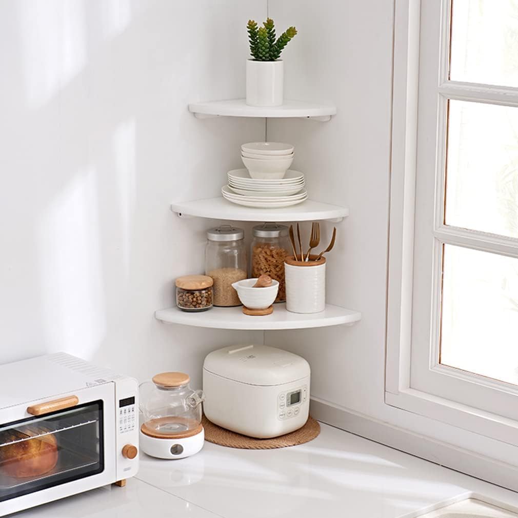 Corner Shelf, White Floating Corner Shelf, Set of 2 7inch Solid Oak Wood Corner Wall Shelves, Round End Wall Mount Display Shelf with Wire Hole for Small Plant for Bedroom Kitchen, Living Room