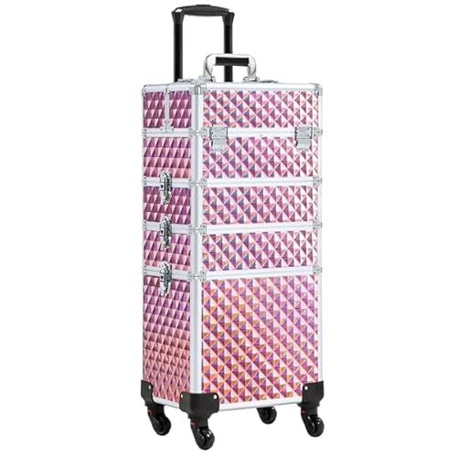 Abician Grande Valise de Maquillage 4 en 1 Mallette Maquillage Professionnelle Beauty Case pour Voyage 4 roulettes Cadre Aluminium Poignée Télescopique Serrures 34× 25,5 × 80,2 cm Rose pailleté Cover