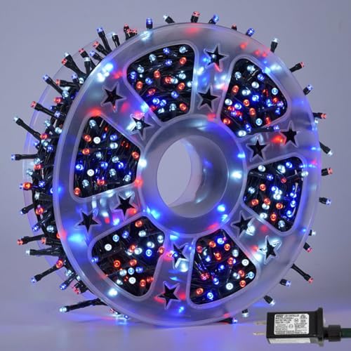 QITONG 500 LED Red White and Blue String Lights, 165ft 4th of July Decorations Lights Plug in Outdoor Indoor, 8 Modes Patriotic Light Green Wire for Independence Memorial Day Decor