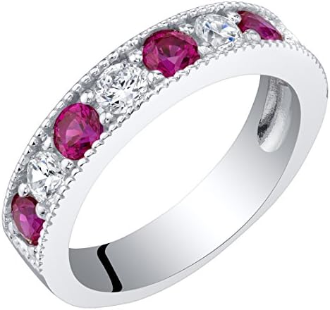 Peora Created Ruby 4mm Milgrain Half-Eternity Anniversary Wedding Ring Band for Women 925 Sterling Silver, 0.75 Carat total Round Shape, Size 8