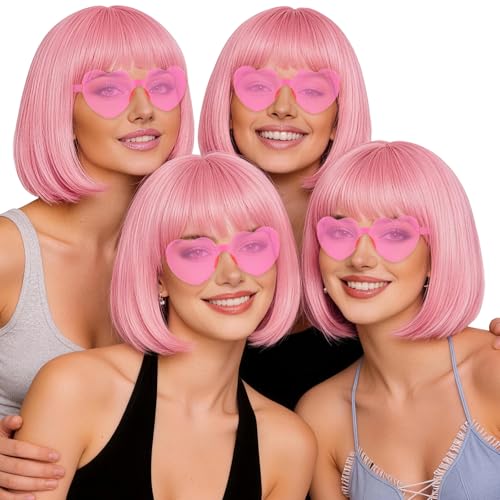 rookea 4 Pack Pink Bob Wig and Heart Sunglasses for Women, Neon Bobs Colored Funny Party Wigs Synthetic Hair with Hair Cap for Girl Costume Christmas Music Festival Valentine's Day Dating Fashion Show