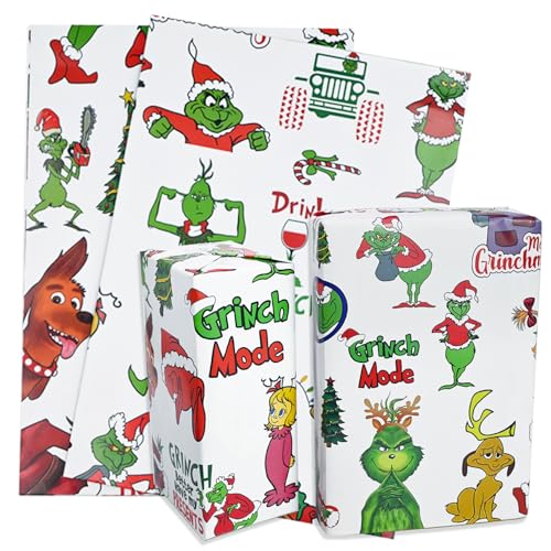 Grinch Christmas Wrapping Paper 5 Sheets, White Christmas Movie Wrapping Papers Wrapping Paper Sheets for Kids Family Boys Girls (white)