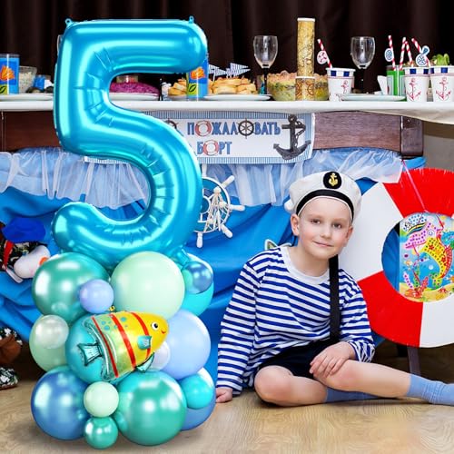 Image of 40 Inch Number 5 Balloon Blue Ocean Under the Sea Number Five Foil Balloons Tower with Shark Bubble Fish for Boys 5th Birthday Party Decor Blue Green Underwater Digital Aluminum Balloons Stack