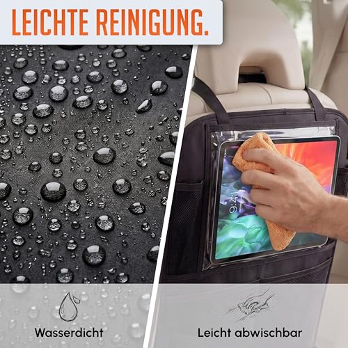 LIONSTRONG® Auto Organizer Kinder Rücksitz schwarz [WASSERDICHT] - Rückenlehnenschutz Auto Kinder universell kompatibel - Autositz Organizer - Sitzschutz Rückenlehne - Tablet-Fach