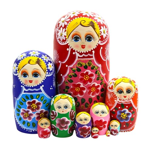 Winterworm Set of 10 Girl with Flower Russian Nesting Dolls Multicolor Matryoshka Doll Handmade Wooden Nesting Dolls Kids Stacking Doll Toy for Home Decoration Christmas Birthday Party Gift