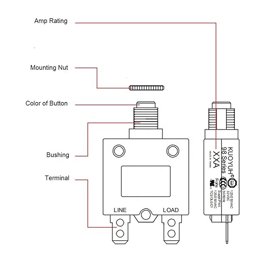 Miniatura 4 de Disyuntor térmico genuino 3A 125/250VCA 32VDC serie 98 pulsador para restablecer interruptor de sobrecarga térmica con terminales de conexión rápida