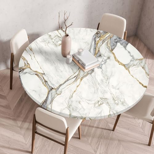 Tischdecke Rund 80 cm Beige Gold Marmor Gartentischdecke Rund Elastisch Polyester Waschbar Outdoor-Tischdecken Gartentischdecke Wetterfest Restaurant Runde Tischdecke