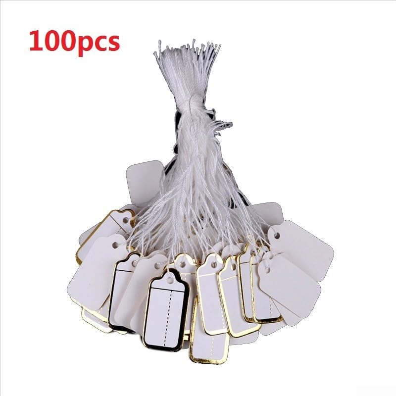 Trurovem 500 etiquetas de precio de joyería con oro para borde, etiquetas de exhibición en blanco para joyas, relojes, ropa, etiquetas colgantes de papel de 2,6 x 1,3 cm con cuerda anudada para venta