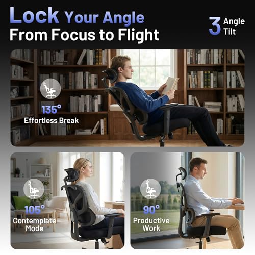 AreShark Ergonomic Office Chair - High Back Breathable Mesh Desk Chair with Lumbar Support & Adjustable Headrest - Rolling Swivel Reclining Comfy Computer Gaming Chair with 2D Armrests for Home Office — view 5