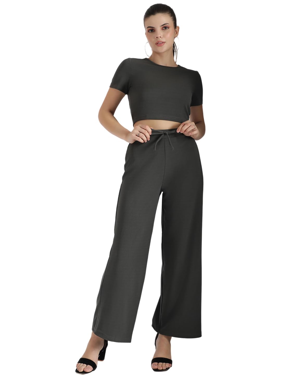 Kotty Women's Crop Top With Wide Leg Trousers(Grey,Xl)