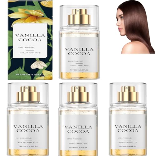 Parfum capillaire à la vanille et au cacao pour femme, spray longue durée à saveur de vanille et de noix de coco pour les soins des cheveux et de la peau, pour le corps, léger et (4PCS)