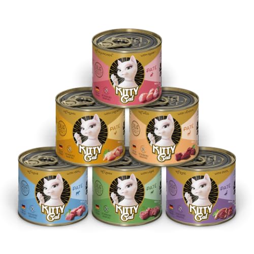 KITTY Cat Paté Mix 1, 6 x 200 g, cibo umido per gatti in confezione da prove, cibo per gatti senza cereali con taurina, olio di salmone e cozze verdi con alto contenuto di carne, prodotto in Germania