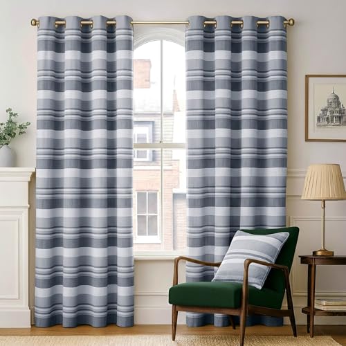 HOMESCAPES 1 Pair of Morocco Ribbed Stripe Curtains 100% Cotton Ring Top (167 x 228 cm (66" x 90" Drop), Monochrome)