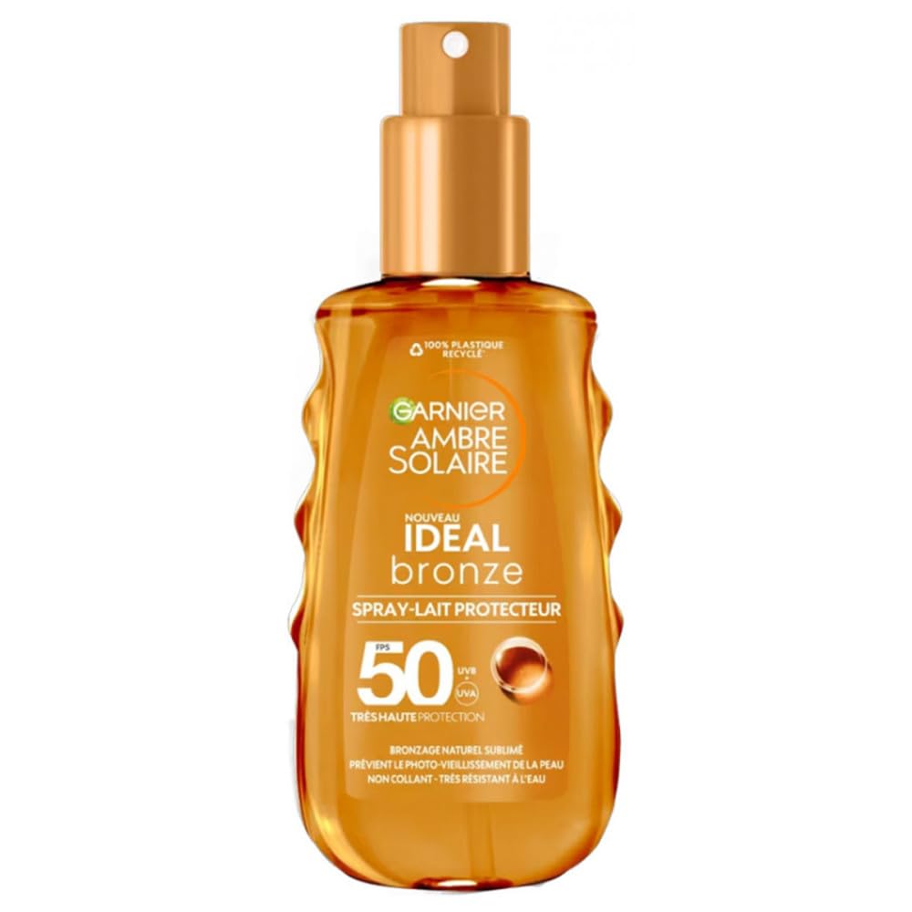 Garnier Bursztyn słoneczny – Ideal Bronze – ochronny spray na mleko – bardzo wysoka ochrona FPS 50+ – wzbogacony witaminą E – bez tłuszczu – nie klei się, do wszystkich rodzajów skóry – 150 ml