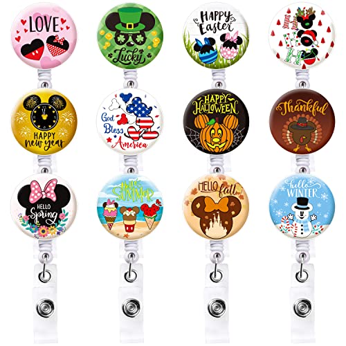 Eartim 12Pcs Holiday Nurse Badge Reel Retractable Cartoon Mouse Seasonal Holiday Badge Reel Holder With Alligator Clip Fall Halloween Christmas Gift For Nurse Women Student Doctor Badge Id Holder Clip #TOP6