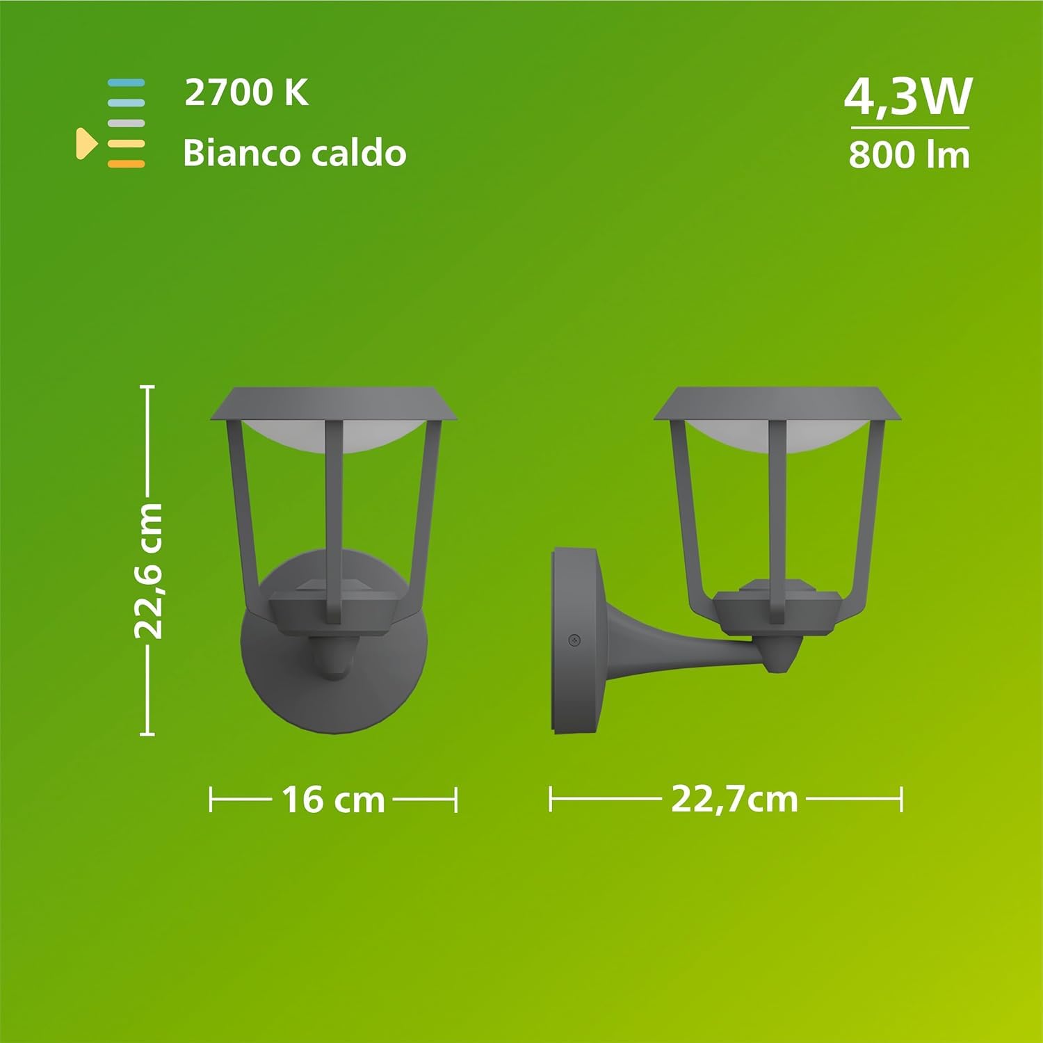 Applique da esterno Philips Nuvy, 800 lm, 2700 K, PowerShield, IP44 resistente alle intemperie, durevole, alluminio, LED integrato, grigio antracite