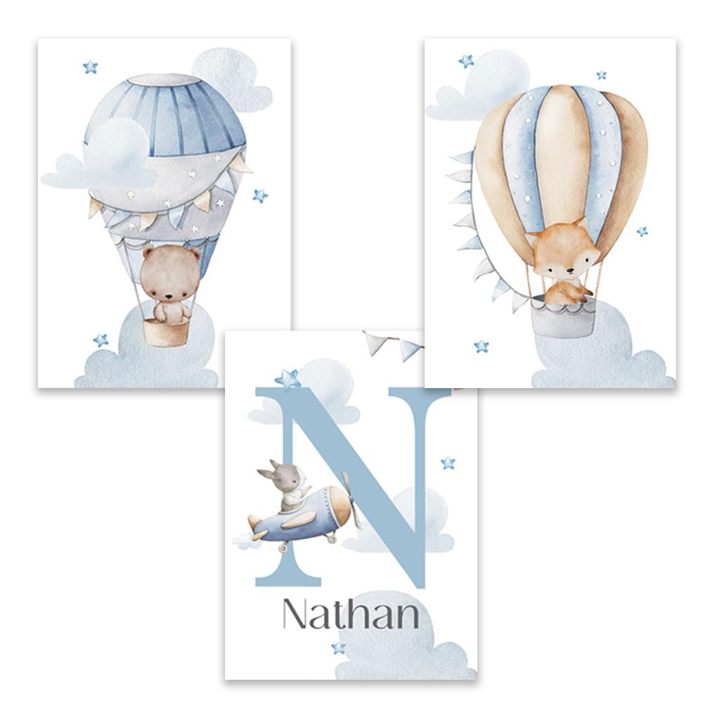 3 Laminas Infantiles Azul 30X40CM Cuadros Pared Bebe Globo Nubes Conejo Zorro Poster Personalizado Bebé Lienzo Animales Infantiles Laminas Habitacion Niño Cuadros Animales Habitacion Niño sin Marco