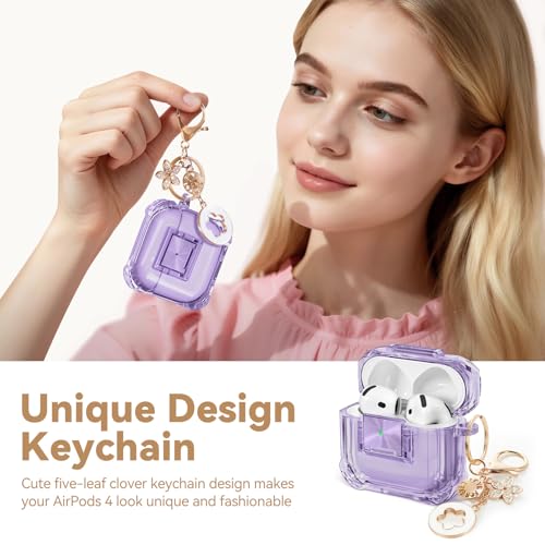 Image of for Airpods 4 Case with Safety Lock,Clear Case Soft TPU Shock-Proof Protective Cover with Cute Bling Keychain and Cleaner kit for Women Girls-Clear Purple