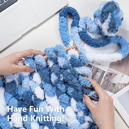 Image of Cozyful Chunky Yarn for Hand Knitting - #10 Chunky Chenille Blanket Yarn, Jumbo Big Thick Chunky Yarns for Crocheting, Tie Dye Bulky Knit Yarns, 8 Skein (20 yds 8 oz Each Skein), Sky&Navy&Royal&White
