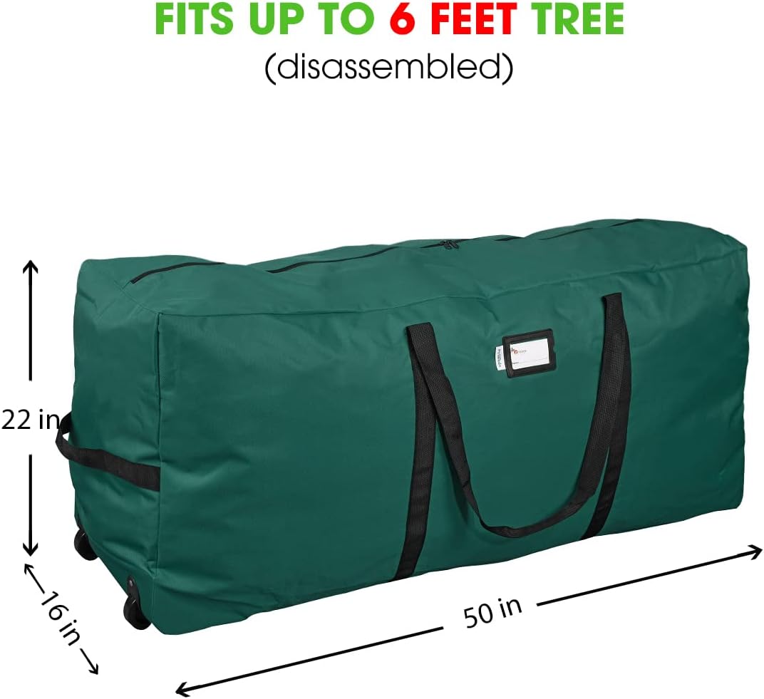 Primode Xmas Rolling Tree Storage Bag, Large Heavy Duty Storage Container, 22" Height X 16" Wide X 50" Long with 2 Wheels and Handles Fits Up to 7.5 Foot Tall Disassembled Holiday Tree (Green)