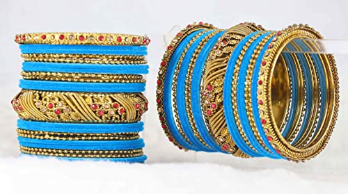 Image of NMII Metal with Zircon Gemstone and Beads Studded Ball Chain Linked Glossy Finished Velvet Bangles Chuda set for Women and Girls