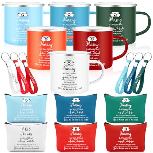 Meanplan 2026 Graduation Nurses Gifts Bulk Include 12 oz Enamel Mug, Makeup Bag, Silicone Keychain, Nurses Appreciation Gifts for Women Nursing Assistant School Student Staff Rn Lpn(6 Set/ 18 Pcs) by Meanplan - Used condition - US$15.20