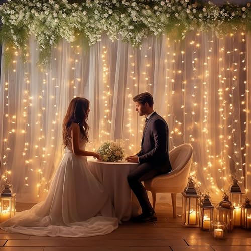 20ft x 10ft Champagne Sheer Tulle Backdrop Curtain with Lights String- Wedding Back Drop Decorations for Reception Ceremony Home Party Photoshoot Background Fabric Curtains Backdrop