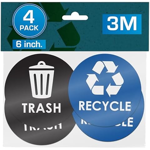 Recycle Stickers for Trash Bins - 6"x6" Round Decals, 4 Pack Set - Recycling Sticker for Trash Can - UV-Resistant Waste Management for Indoor, Outdoor, Kitchen, Office, and Public Spaces Cover