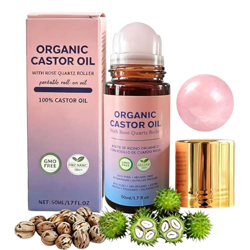 Image of Organic Castor Oil with Rose Quartz Roller Ball, 100% Castor Oil Organic Cold Pressed for Hair, Face & Body Skin Moisturizing Care, Hexane-Free. 1.7 Fl Oz