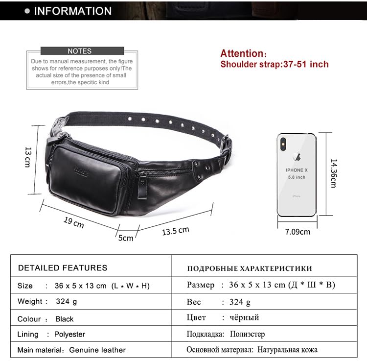 Image of Sam's Design Mens Genuine Leather Chestbag Zipper Small Crossbody Phone Wallet Holder Bag Waist Pouch Pack for Sport,Spring Out,Travel (Black)