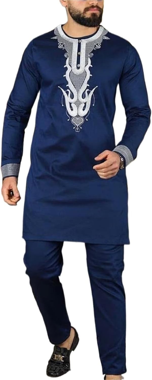 Men's Africa Suit 2 Piece Set Traditional Outfit Long Sleeve Shirt and Pants Attire Slim Fit Clothes, M-4XL