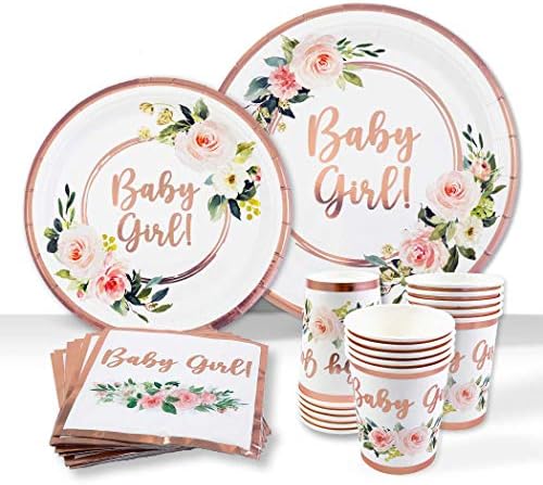 Baby Shower Tableware Plates and Napkins, Baby Girl Decorations | 25 Servings With Rose Gold Foil, Pink Floral Paper Plates, Napkins, Dessert Plate, Disposable Cups | Tea Party Supplies