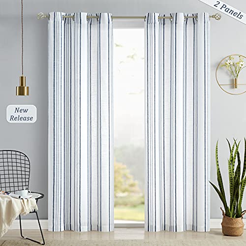 SXZJTEX Pinstriped Window Curtain Panels Farmhouse Curtains Sheer Light Filtering Drapes 108 Inches Long for Bedroom Living Room, Grommet Top 2 Panels, Blue