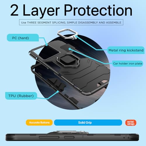 Image of Pikkme Redmi Note 13 Pro 5G Back Cover | D5 Tough Armor Bumper | 360 Protection Case | Ring Holder Stand Case for Redmi Note 13 Pro 5G (Black)