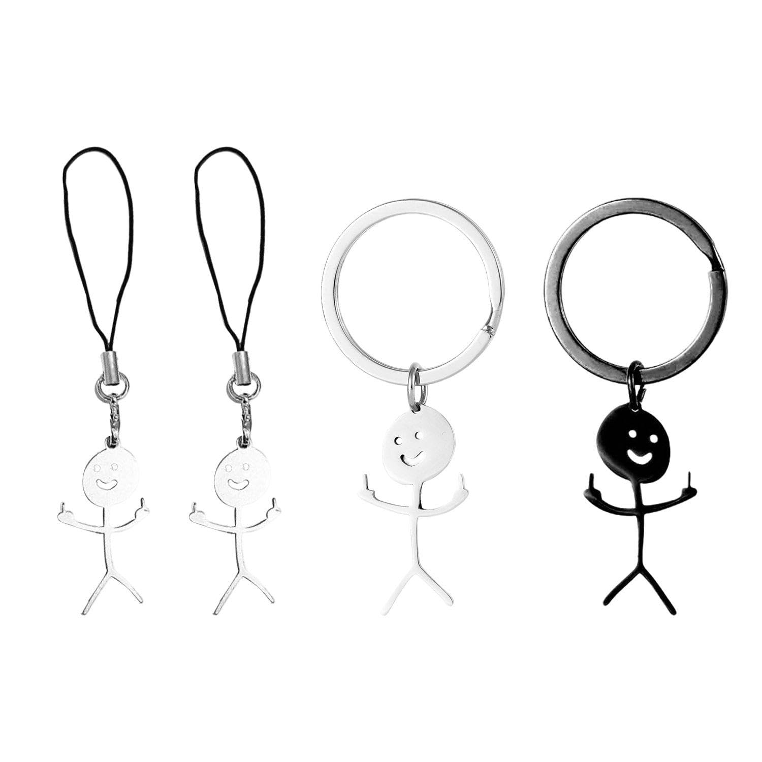 Wufgwbd Unisex Silver 2 Stickman Keychains And 2 Pendants, Funny Middle Finger Villain Pendant, Simple Bag Decoration, Suitable For Key Storage.