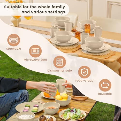 Homienly Premium Wheat Straw Dinnerware Sets, Lightweight & Unbreakable Plates and Bowls Sets,Cups,Service for 4,Dishwasher and Microwave Safe 16 PCS Dish Sets for Home，Camping- Beige by Homienly - Image 6