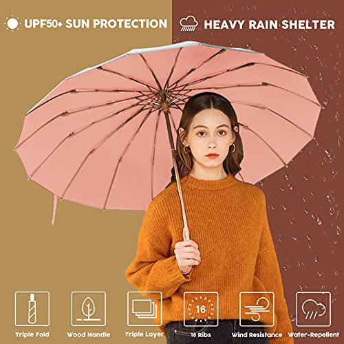 Oz Smart Sun/Rain Compact Umbrella, Upf 50 Uv Protection 16 Fibreglass Ribs Super Windproof Folding Umbrella Parasol, Sun Blocking Travel Golf Uv Umbrella (Silver/Light Pink) #TOP3