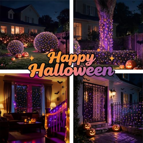 YGTCHNG LED Halloween Net Lights Outdoor, UL Certified, 144LED 6ftx6ft, Black Wire Connectable Waterproof Mesh Light for Party, Yard, Shrubs and Bushes Decorations (Orange and Purple) - image 4