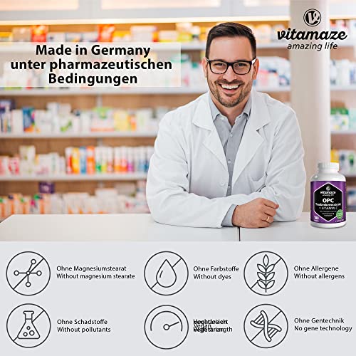 OPC Traubenkernextrakt Kapseln, zertifiziert, hochdosiert: 450 mg reines OPC, 180 Kapseln für 6 Monate, Natürliche Nahrungsergänzung ohne Zusätze, Made in Germany