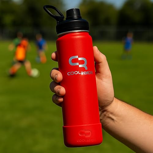 Miniatura 2 de Botella de agua aislada roja de 24 onzas con tapa de popote y boquilla, termo delgado de acero inoxidable, diseño apto para portavasos, doble pared