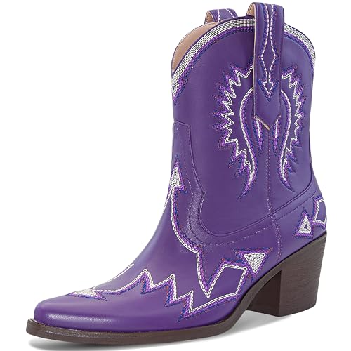Image of HOCHFART Women's Western Ankle Cowboy Boots Chunky Pointed Toe Wide Calf | Metallic PU-Leather, Embroidered, Pull-On, Concert, Festival, Rodeos, Party, Daily Wear, All-Day Comfort