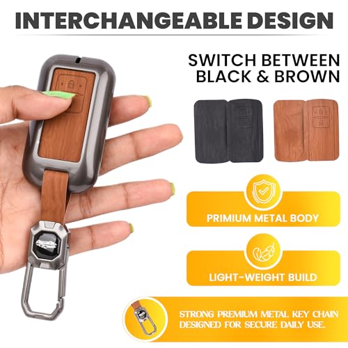 Image of Car Key Cover Compatible with Maruti Suzuki jimny Baleno Grand Vitara XL6 Swift New Brezza 2022 Ertiga Dzire 2-Button Smart Key (Dual Leather Metal (Black & Brown))