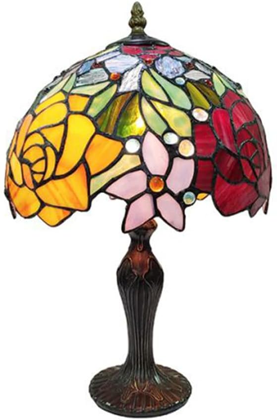 Rose Flower Genuine Stained Glass Lamp Shade with Antique Bronze Zinc Cast Base 16.5x10x10 inches Decor for Living Room, Bedroom, Office, & More