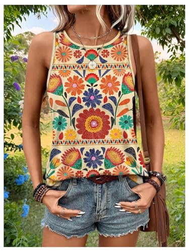 Women's Floral Tropical Boho Tops Sleeveless Shirts Vacation Summer Tops for Women Dressy Casual4
