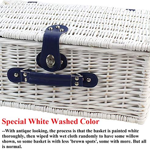 Picnic Basket Willow for 4 Persons, Large Wicker Hamper Set with Big Insulated Cooler Compartment, Free Fleece Blanket with Waterproof Backing and Cutlery Service Kit- Fashionable White Washed Color - Thumbnail 2