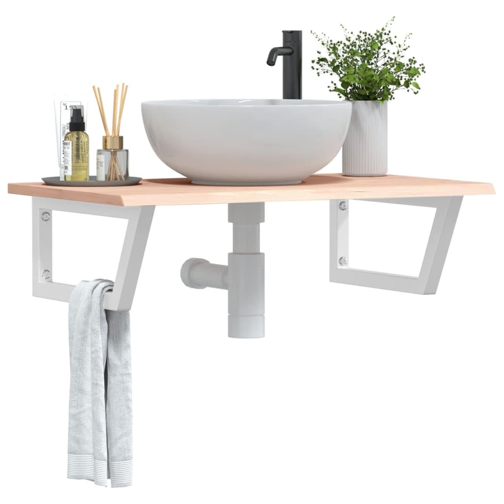 80 x 50 x 2 cm Vanity Countertop, Solid Oak Wood Bathroom Bathroom Sink Shelf with White Steel Trapezoid Brackets, Space Saving Wall-Mounted Design, 100kg Load Capacity for Small Bathrooms