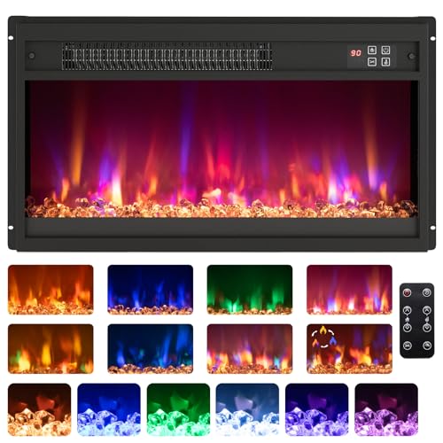 COSTWAY 24”/60cm Electric Fireplace, Recessed Freestanding Fire Heater with 8 Flame Color, 3 Brightness, Thermostat, Timer, Remote Control & Overheat Protection (24”, 1500W-1600W, with Crystals)