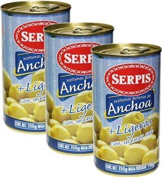 Serpis - Green Olives Low in salt Stuffed with Anchovies. 12.34 oz Pack of 3